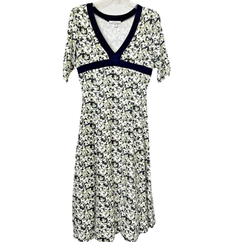 Floral V-Neck Midi Dress with Navy Trim